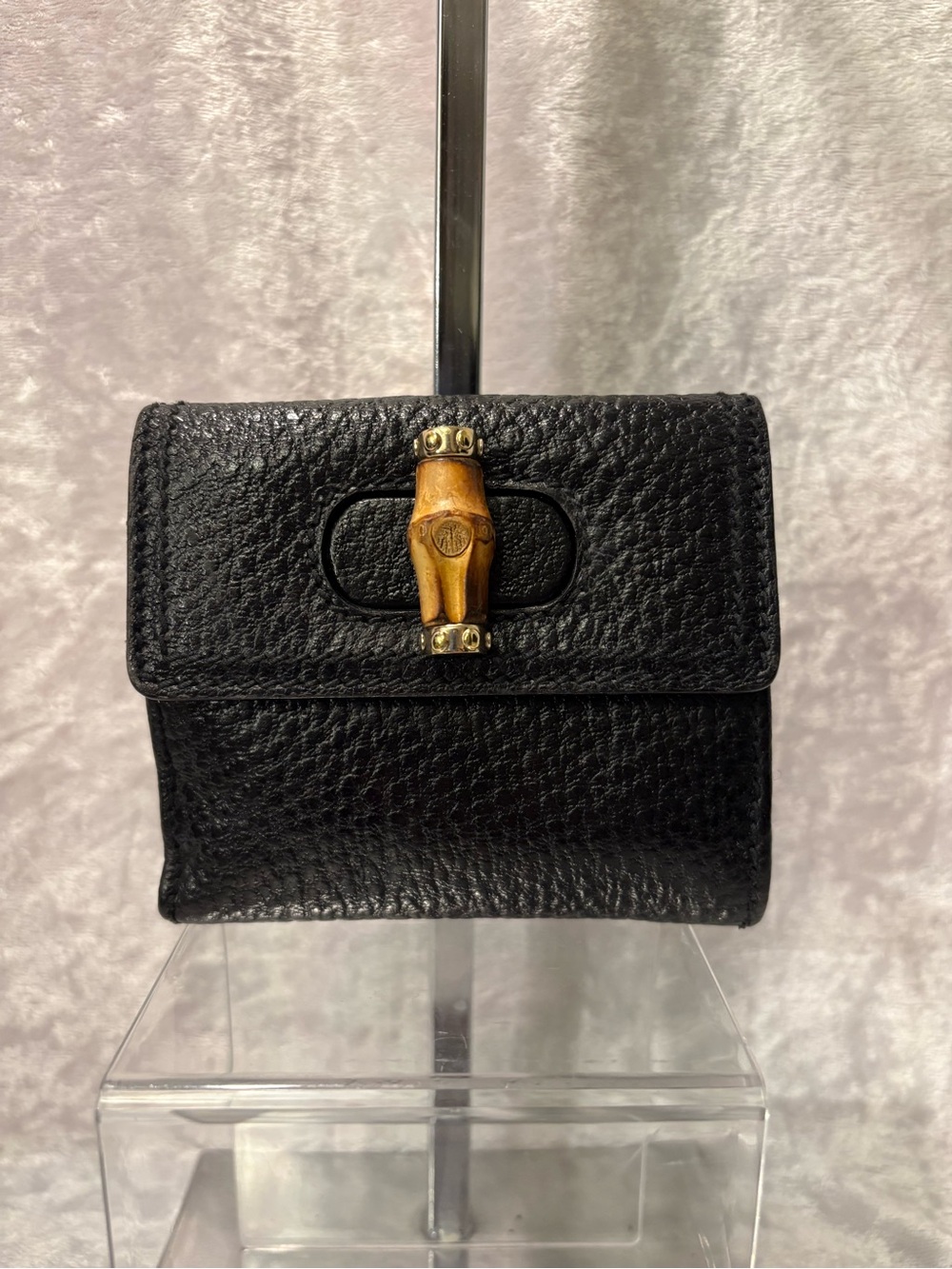Gucci Bamboo Pebbled Leather Compact Wallet Black COA